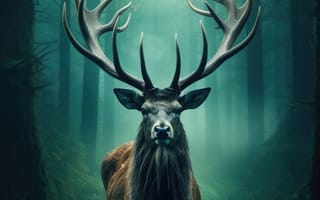 Картинка животное, млекопитающее, олень, дерево, туман, рог, северный олень, лось, бесплодная земля карибу, открытый, лес, доллар, природа, середина пути, ИИ искусство, генеративный ИИ, созданный ИИ