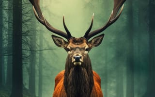 Картинка животное, млекопитающее, олень, дерево, туман, рог, северный олень, лось, бесплодная земля карибу, открытый, лес, доллар, природа, середина пути, ИИ искусство, генеративный ИИ, созданный ИИ