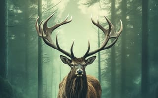 Картинка животное, млекопитающее, олень, дерево, туман, рог, северный олень, лось, бесплодная земля карибу, открытый, лес, доллар, природа, середина пути, ИИ искусство, генеративный ИИ, созданный ИИ