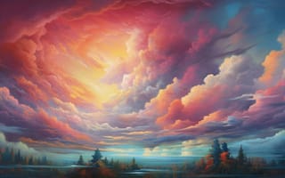 Картинка рисование, пейзаж, закат, открытый, дерево, послесвечение, сумерки, вечер, красное небо утром, природа, облако, восход, небо, ИИ искусство