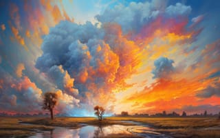 Картинка рисование, пейзаж, закат, открытый, дерево, послесвечение, сумерки, вечер, красное небо утром, природа, облако, восход, небо, ИИ искусство
