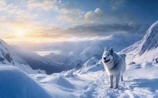 Картинка открытый, собака, снег, Арктический, замораживание, ледниковый рельеф, зима, животное, гора, млекопитающее, пейзаж, ИИ искусство