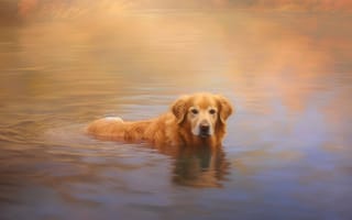 Картинка вода, открытый, порода собаки, золотистый ретривер, озеро, собака, животное, млекопитающее, ретривер, ИИ искусство