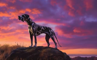 Картинка животное, млекопитающее, порода собаки, собака, небо, открытый, закат, ИИ искусство