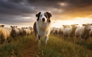 Картинка трава, млекопитающее, животное, небо, облако, открытый, стадо, домашний скот, домашний питомец, порода собаки, собака, поле, стоя, овца, ИИ искусство