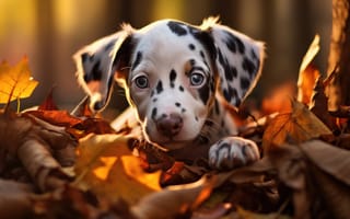 Картинка собака, млекопитающее, животное, порода собаки, далматинец, домашний питомец, открытый, лист, осень, щенок, падать, ИИ искусство