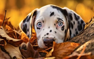 Картинка собака, млекопитающее, животное, порода собаки, далматинец, домашний питомец, открытый, лист, осень, щенок, падать, ИИ искусство