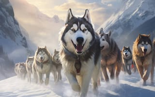 Картинка животное, собака, замораживание, ездовая собака, открытый, гренландская собака, зима, сахалинский хаски, северная инуитская собака, Арктический, сеппала сибирская ездовая собака, снег, волк, млекопитающее, индейская собака коренных американцев, волк Собака, Аляскинский маламут, Западно-сибирская лайка, транспорт, гора, сани, хаски, сибирский, ИИ искусство