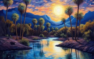 Картинка рисование, дерево, растение, вода, Пальма, озеро, открытый, небо, луна, пейзаж, природа, закат, отражение, ИИ искусство