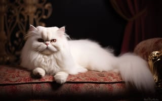 Картинка кот, в помещении, Домашняя кошка, кошачьих, млекопитающее, животное, диван, белый, стул, сидит, красный, ИИ искусство