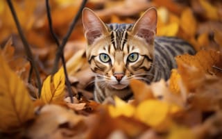 Картинка животное, млекопитающее, кот, бакенбарды, кошачьих, Дикая кошка, котенок, Домашняя кошка, лист, открытый, осень, ИИ искусство