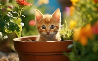 Картинка кот, кошачьих, цветок, цветочный горшок, Домашняя кошка, бакенбарды, растение, домашнее растение, котенок, малайская кошка, животное, апельсин, млекопитающее, открытый, ИИ искусство