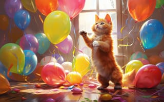 Картинка кот, животное, воздушный шар, партия поставок, в помещении, котенок, ИИ искусство