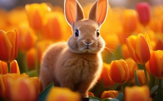 Картинка животное, млекопитающее, кролики и зайцы, кролик, домашний кролик, заяц, цветок, открытый, стоя, желтый, ИИ искусство