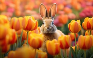 Картинка животное, млекопитающее, кролики и зайцы, кролик, домашний кролик, заяц, цветок, открытый, стоя, желтый, ИИ искусство