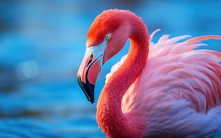 Картинка животное, птица, водная птица, фламинго, клюв, Водоплавающая птица, Большой фламинго, открытый, перо, красный, дикая природа, ИИ искусство
