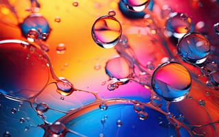 Картинка капли масла на воде, макрос, взаимодействие нефти и воды, красочная абстракция, ИИ искусство