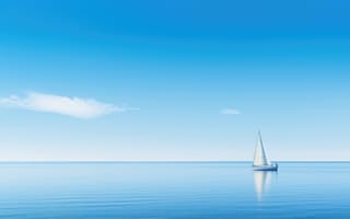 Картинка спокойный океан, одинокий парусник, морской пейзаж, парусная лодка, минималистическое спокойствие, морское одиночество, морская бесконечность, спокойный синий, дрейфующее судно, минималистичный, ИИ искусство
