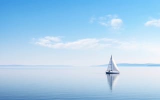 Картинка спокойный океан, одинокий парусник, морской пейзаж, парусная лодка, минималистическое спокойствие, морское одиночество, морская бесконечность, спокойный синий, дрейфующее судно, минималистичный, ИИ искусство