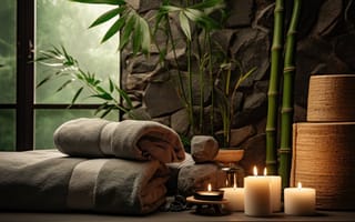 Картинка предметы ухода, бамбуковое спокойствие, каменный баланс, пушистые полотенца, спокойная атмосфера, бодрящее расслабление, ИИ искусство