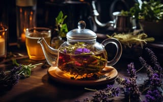 Картинка успокаивающий напиток, свежие травы, чайник паровой, здоровье в чашке, чайное искусство, ароматическая смесь, ИИ искусство