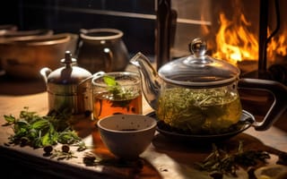 Картинка успокаивающий напиток, свежие травы, чайник паровой, здоровье в чашке, чайное искусство, ароматическая смесь, ИИ искусство