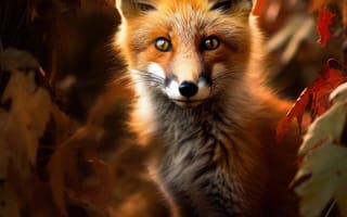Картинка вертикальный фокус, кружащиеся листья, яркая палитра, замаскированное существо, молчаливый наблюдатель, лиса, ИИ искусство