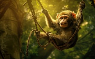 Картинка зеленая серенада, игривый примат, театр на верхушках деревьев, пышный фон, воздушное артистизм, обезьяна, ИИ искусство