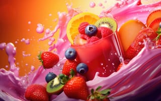 Картинка 3D рендеринг, контрастные цвета, градиентная заливка, слоистые элементы, текстурированные поверхности, эффекты глубины резкости, глянцевая отделка, динамическое движение, органический синтез, тропический побег, яркая и свежая палитра, фруктовое смузи, ягоды, ломтики манго, ИИ искусство