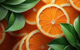 Картинка 3D рендеринг, контрастные цвета, градиентная заливка, слоистые элементы, текстурированные поверхности, эффекты глубины резкости, глянцевая отделка, динамическое движение, органический синтез, пикантное чутье, оранжевые и зеленые тона, яркий оранжевый, дольки апельсина, листья, ИИ искусство