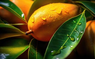 Картинка 3D рендеринг, контрастные цвета, градиентная заливка, слоистые элементы, текстурированные поверхности, эффекты глубины резкости, глянцевая отделка, динамическое движение, органический синтез, тропическая мечта, оранжево-зеленая палитра, сияющее манго, ломтики манго, листья, ИИ искусство