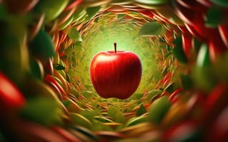 Картинка 3D рендеринг, контрастные цвета, градиентная заливка, слоистые элементы, текстурированные поверхности, эффекты глубины резкости, глянцевая отделка, динамическое движение, органический синтез, приподнятое настроение, красные и зеленые, спелое яблоко, кусочки яблока, листья, ИИ искусство