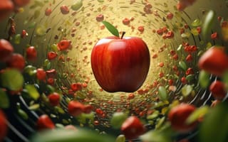 Картинка 3D рендеринг, контрастные цвета, градиентная заливка, слоистые элементы, текстурированные поверхности, эффекты глубины резкости, глянцевая отделка, динамическое движение, органический синтез, приподнятое настроение, красные и зеленые, спелое яблоко, кусочки яблока, листья, ИИ искусство