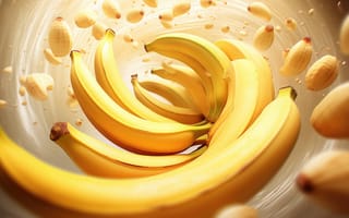 Картинка 3D рендеринг, контрастные цвета, градиентная заливка, слоистые элементы, текстурированные поверхности, эффекты глубины резкости, глянцевая отделка, динамическое движение, органический синтез, игривая атмосфера, желтые и бежевые тона, свежеочищенный банан, кусочки банана, пилинг, ИИ искусство