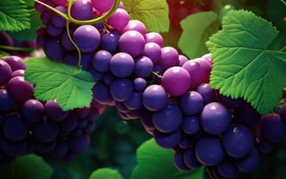 Картинка 3D рендеринг, контрастные цвета, градиентная заливка, слоистые элементы, текстурированные поверхности, эффекты глубины резкости, глянцевая отделка, динамическое движение, органический синтез, роскошное ощущение, фиолетовые и зеленые, гроздь винограда, отдельные виноградинки, листья, ИИ искусство