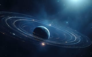 Картинка монохромный блюз, космос, экзопланета, космические кольца, ИИ искусство