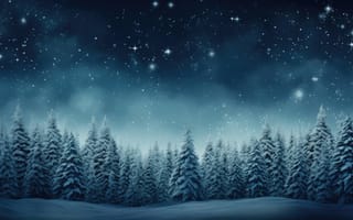 Картинка мирная зимняя сцена, морозная атмосфера, прохладные синие тона, сосны, снег, ночное небо, ИИ искусство