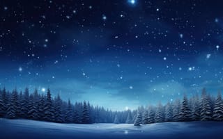 Картинка мирная зимняя ночь, звездное небо, прохладные синие тона, снежное поле, сосны, ночное небо, ИИ искусство