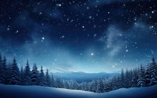 Картинка мирная зимняя ночь, звездное небо, прохладные синие тона, снежное поле, сосны, ночное небо, ИИ искусство