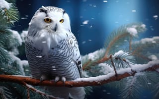 Картинка Зимняя дикая природа, матовая сосна, сова, снег, сосновые шишки, сосновая ветка, ИИ искусство