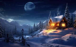 Картинка деревенская зимняя сцена, звездное небо, кабина, камин, сосны, снег, ИИ искусство