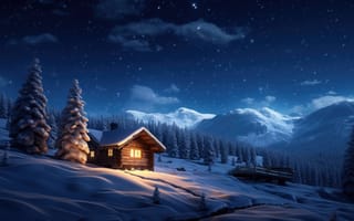 Картинка деревенская зимняя сцена, звездное небо, кабина, камин, сосны, снег, ИИ искусство