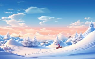 Картинка игривое зимнее развлечение, заснеженный склон холма, дети катаются на санках, Снеговик, сосны, ИИ искусство