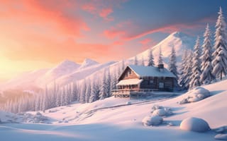 Картинка зимнее отступление, снежные вершины, кабина, камин, сосны, ИИ искусство