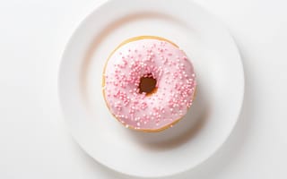 Картинка пончик в розовой глазури, белая минимальная тарелка, тонкие брызги, пончик простота, пончик, ИИ искусство