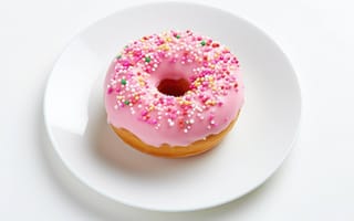 Картинка пончик в розовой глазури, белая минимальная тарелка, тонкие брызги, пончик простота, пончик, ИИ искусство