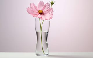 Картинка Розовый космос цветет, современная стеклянная ваза, полупрозрачное освещение, цветок в вазе, ИИ искусство