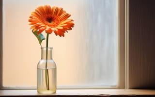 Картинка оранжевая гербера-ромашка, подоконник из текстурированного дерева, цветочный минимализм, цветок ромашка, ИИ искусство
