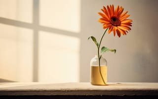 Картинка оранжевая гербера-ромашка, подоконник из текстурированного дерева, цветочный минимализм, цветок ромашка, ИИ искусство