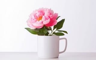 Картинка цветок пиона в кружке, чистая белая керамика, уникальные перспективы, пион, ИИ искусство